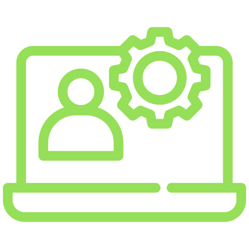 Green outline icon of three person silhouettes inside a hexagon with connected nodes
